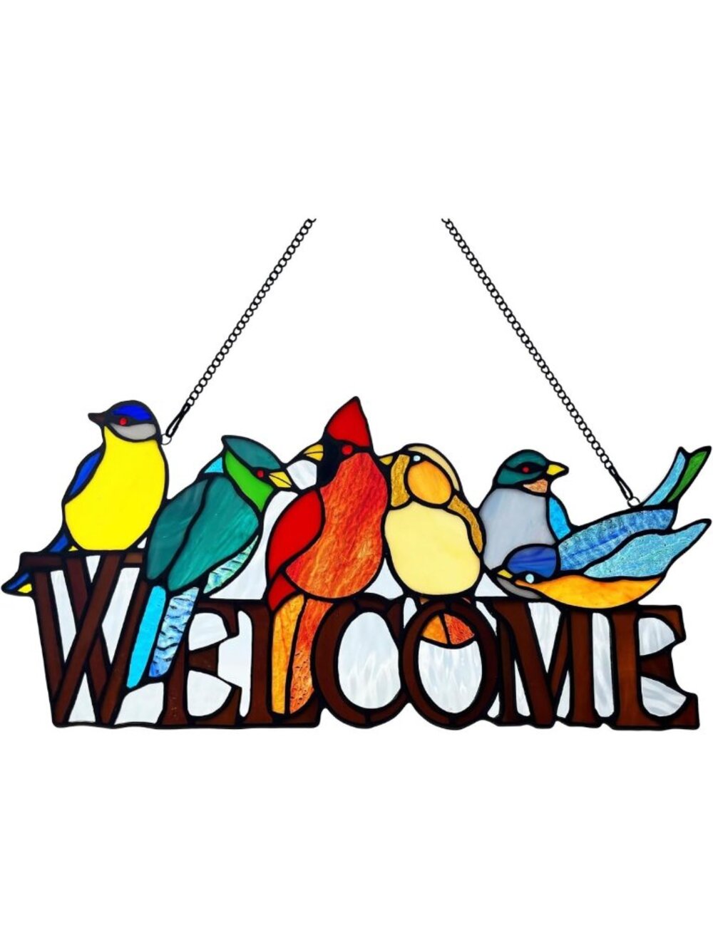 Handmade Stained Glass Welcome Sign - 6 Birds Suncatcher for Front Door Decor